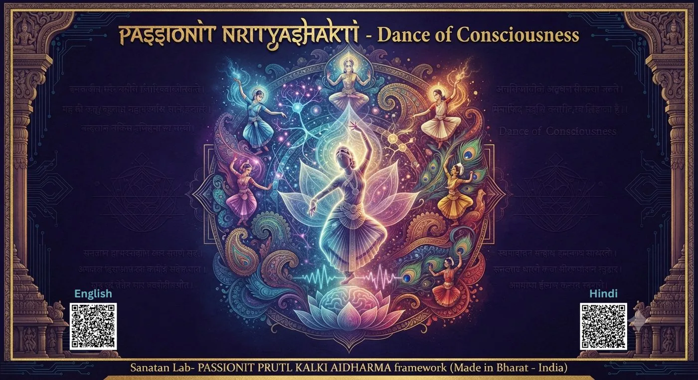 Book cover: a luminous dancer among lotus petals, with English and Hindi QR codes