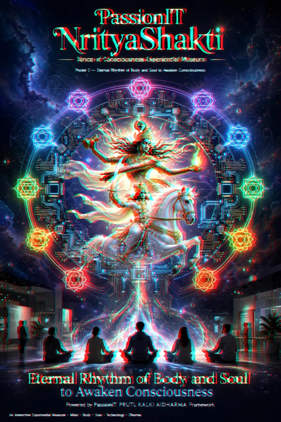 NrityaShakti poster: a dancing deity and a rider on a white horse inside a ring of glowing chakras, with meditators below